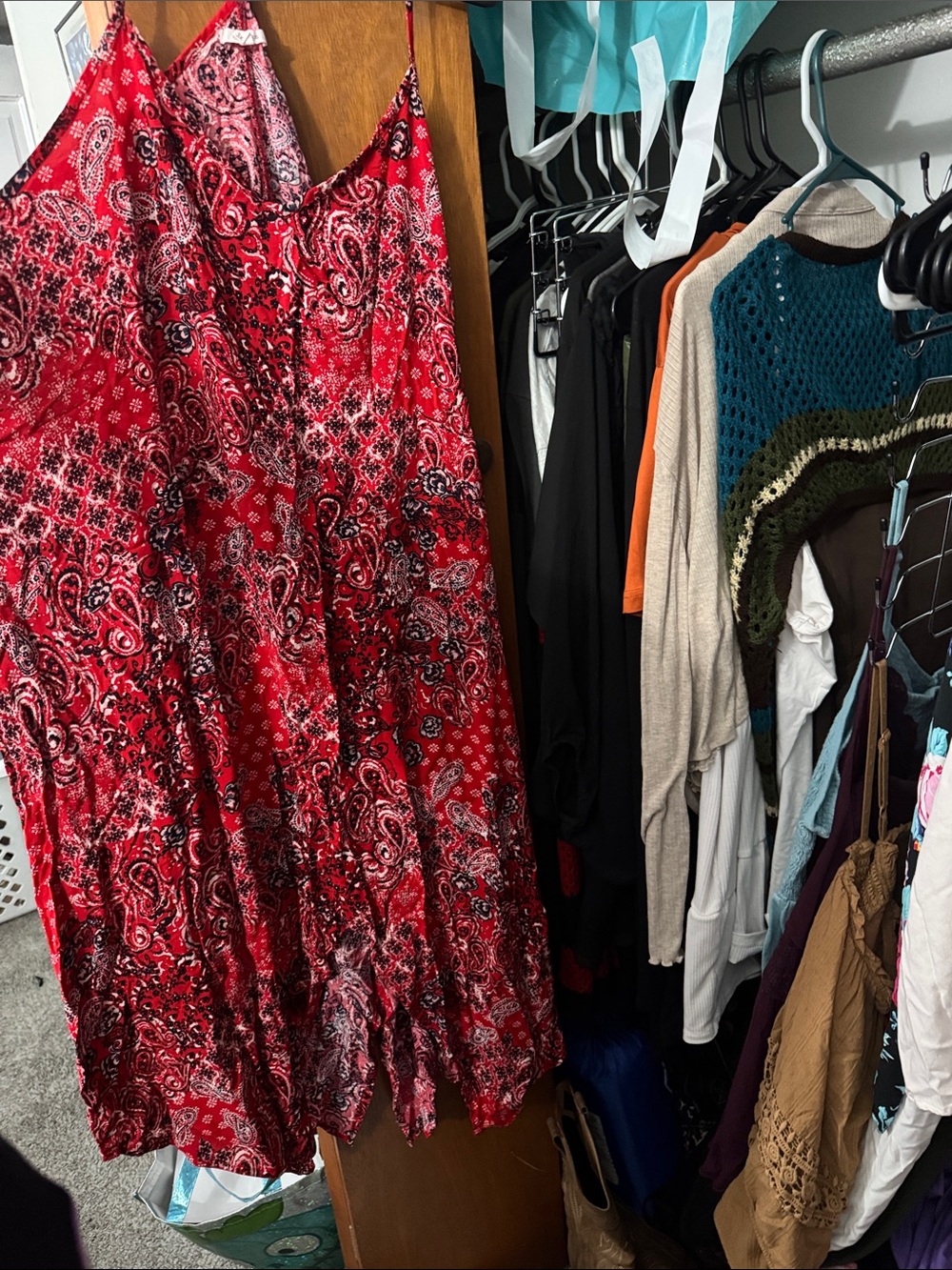Red Paisley Maxi Slip Dress with Spaghetti Straps